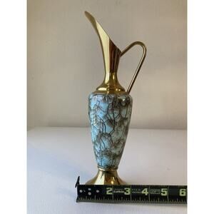 Vintage Delft Green Hand Painted Marble Style Pitcher with Brass